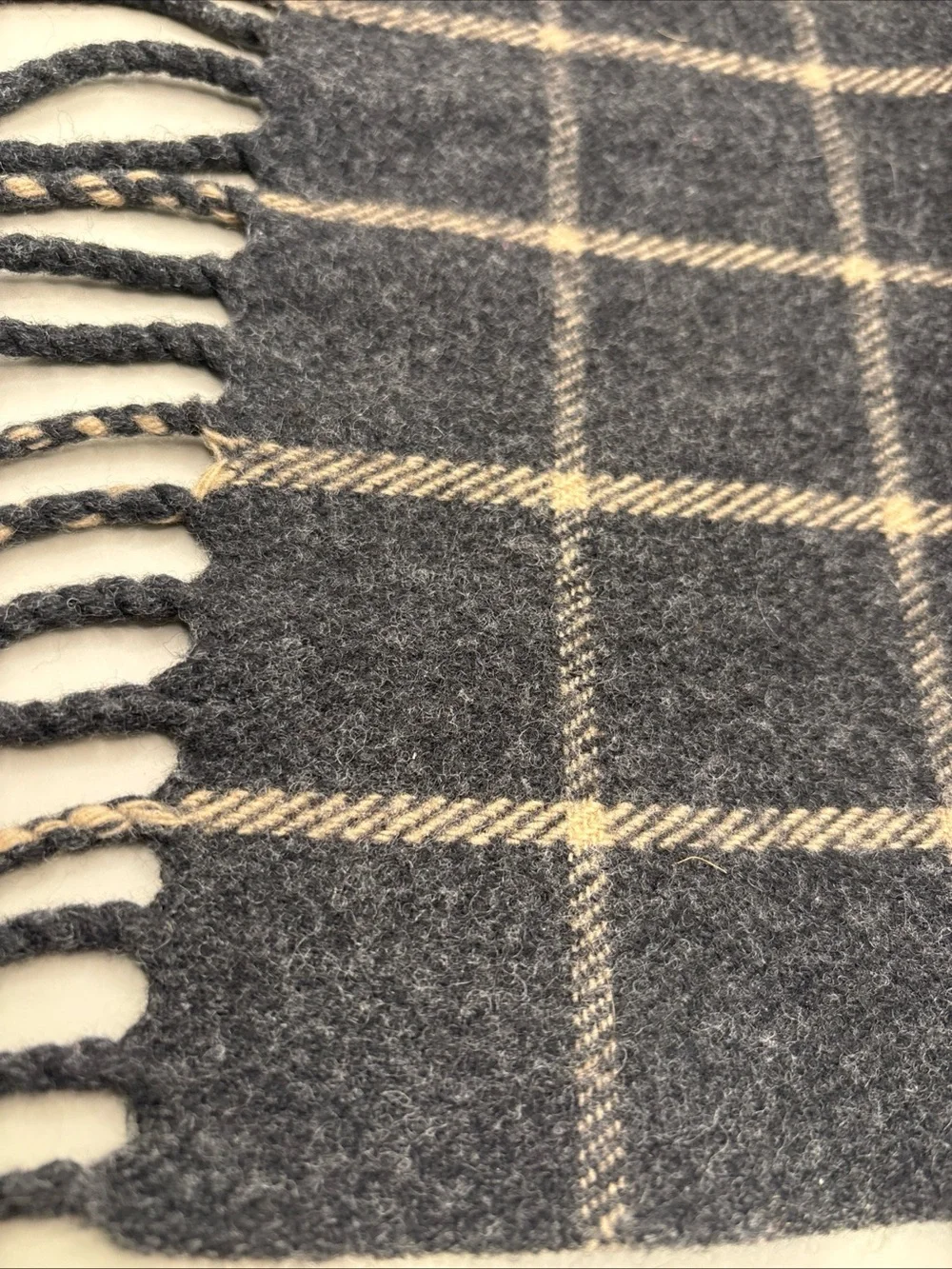 Vtg Geoffrey Beene 100% Pure Wool Scarf 52X12” Gray Plaid Fringe Made in Italy